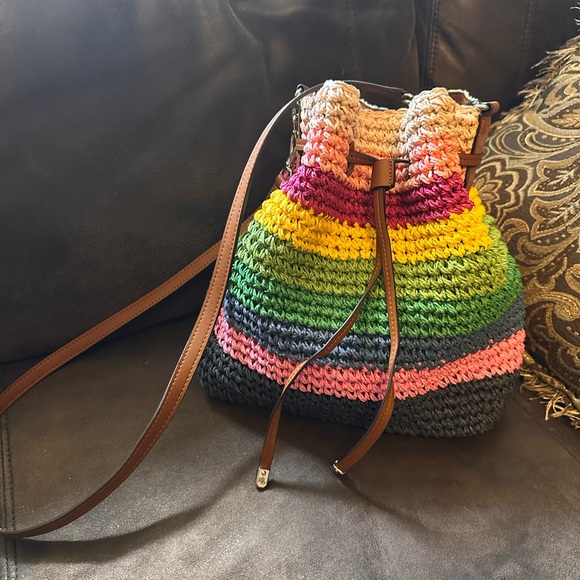 Lauren Ralph Lauren Crochet Straw Debby Drawstring Colorful Crossbody Bucket Bag - Picture 1 of 12